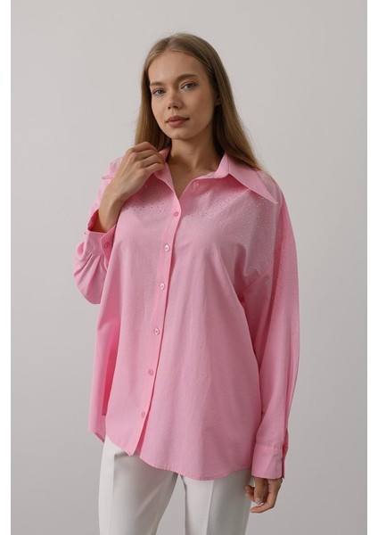 Taşlı Sivri Yaka Gömlek - Pembe