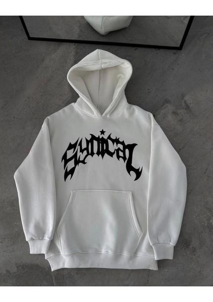 Üç Iplik Kapşonlu Baskılı Oversize Sweatshirt- Beyaz