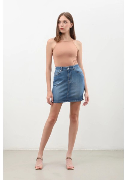 Kadın Mavi Mini Jean Etek