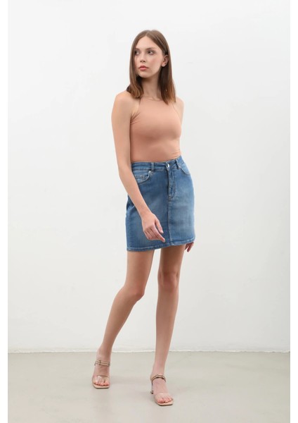 Kadın Mavi Mini Jean Etek