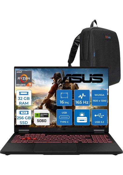 Tuf Gaming A16 FA608PM-RV026 Amd Ryzen 9 8940HX Aı 32GB Ddr5 256GB SSD RTX5060-8GB 115W 165Hz 16"wuxga IPS Freedos Taşınabilir Bilgisayar WRV026F06+ZETTAÇANTA