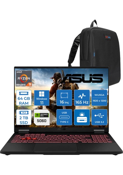 Tuf Gaming A16 FA608PM-RV026 Amd Ryzen 9 8940HX Aı 64GB Ddr5 2tb SSD RTX5060-8GB 115W 165Hz 16"wuxga IPS Windows 11 Pro WRV026P19+ZETTAÇANTA