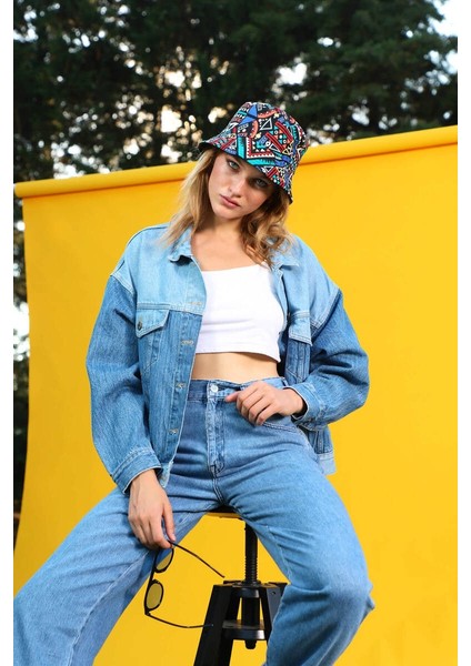 Kadın Renk Bloklu Oversize Jean Ceket Mavi fiyatları