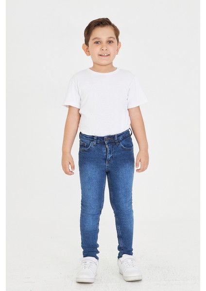 Erkek Çocuk Mavi Dar Paça Skiny Fit Jean Likralı Pantolon Beli Ayarlanabilir Lastikli Düğmeli LX320