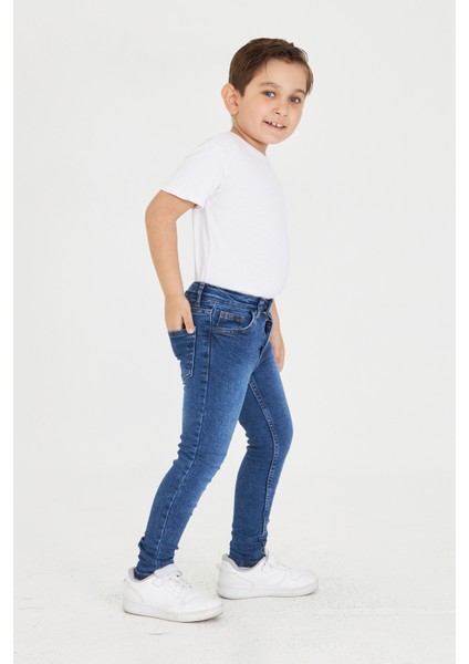 Erkek Çocuk Mavi Dar Paça Skiny Fit Jean Likralı Pantolon Beli Ayarlanabilir Lastikli Düğmeli LX320 fiyatları
