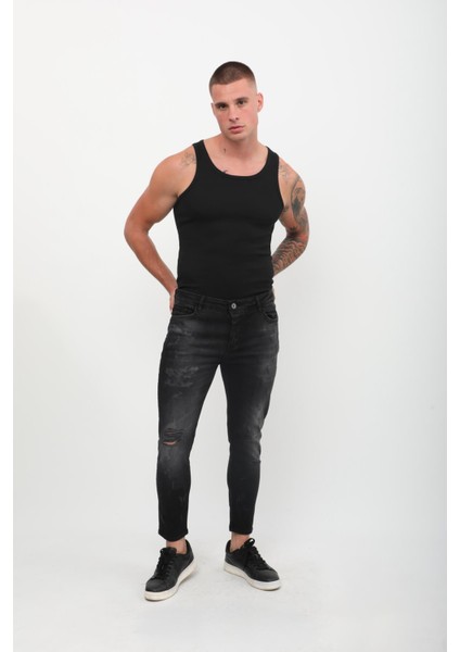 Erkek Skinny Fit Yırtık Detaylı Jean Siyah