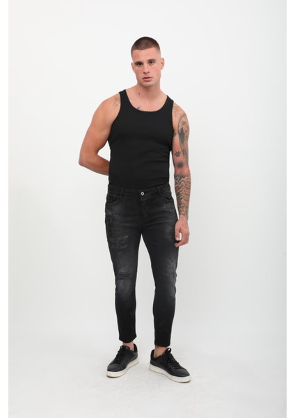 Erkek Skinny Fit Yırtık Detaylı Jean Siyah fiyatları