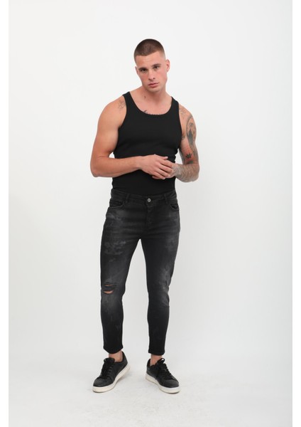 Erkek Skinny Fit Yırtık Detaylı Jean Siyah fırsatları
