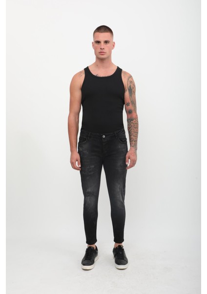 Erkek Skinny Fit Yırtık Detaylı Jean Siyah indirimleri