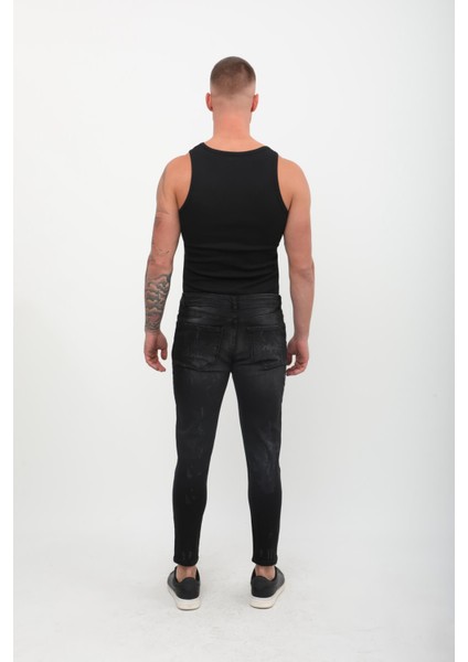 Erkek Skinny Fit Yırtık Detaylı Jean Siyah