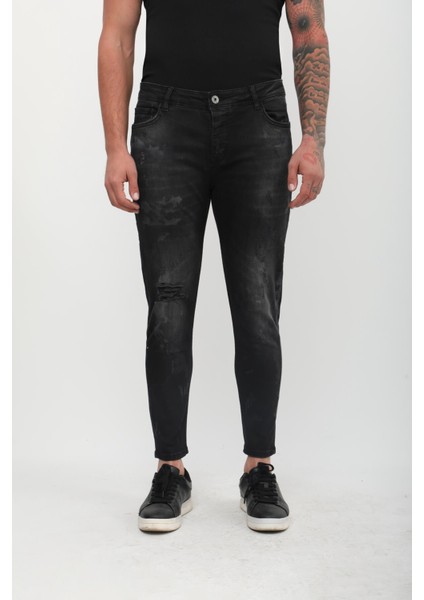 Erkek Skinny Fit Yırtık Detaylı Jean Siyah