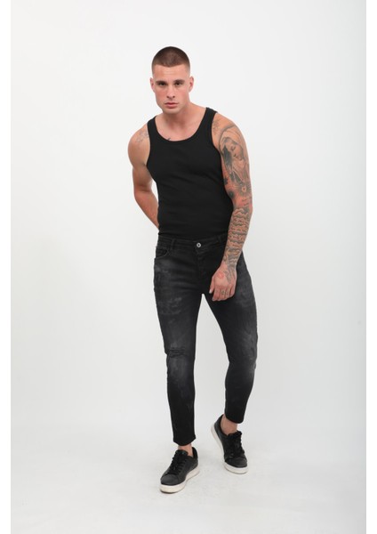 Erkek Skinny Fit Yırtık Detaylı Jean Siyah