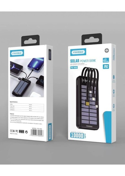 FB-1002 Solar Power Bank 10000 mAh – 4'ü 1 Arada Kablolu, Güneş Enerjili Şarj Cihazı