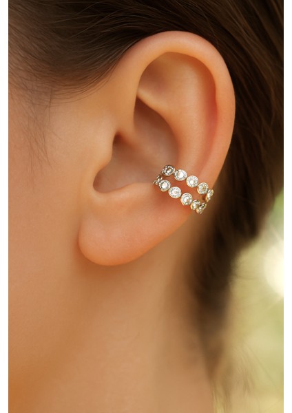 Gümüş Renkli İki Sıralı Taşlı Earcuff Sıkıştırmalı Kıkırdak Küpesi
