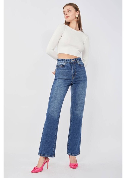 Kadın Koyu Mavi Palazzo Jean Pantolon fırsatları
