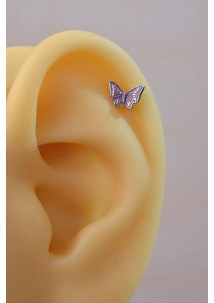 Gümüş Renk Çelik Mor Kelebek Helix Piercing Kıkırdak Lob modelleri
