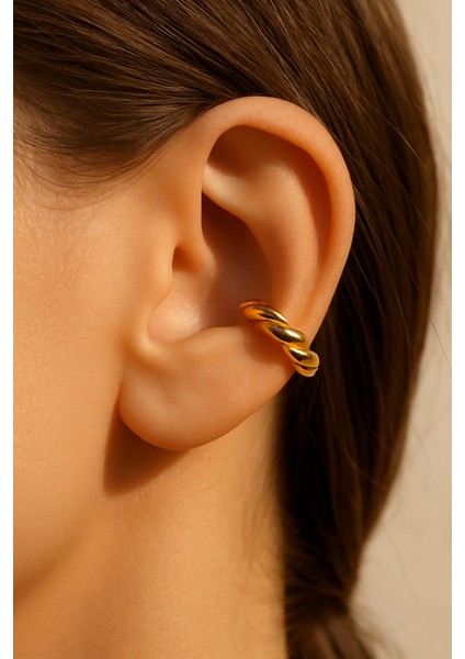 Gold Burgulu Earcuff Sıkıştırmalı Kıkırdak Küpesi