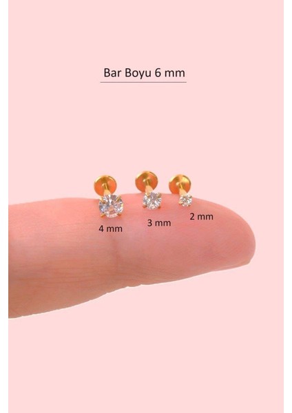 Tektaşlı 3'lü Set Çelik Piercing Tragus Helix Kıkırdak Lob Burun 6 mm Gold