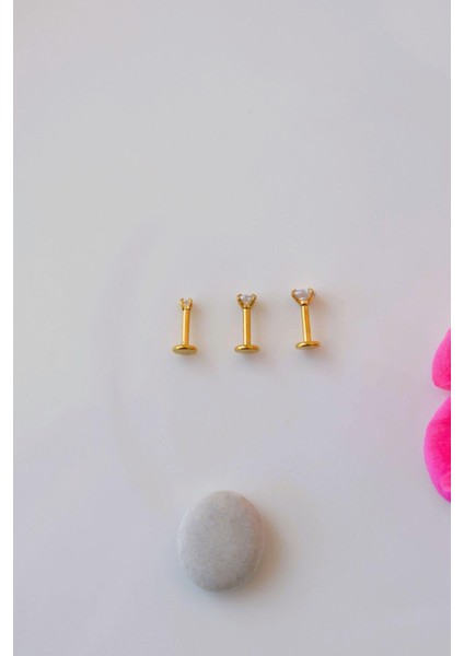 Tektaşlı 3'lü Set Çelik Piercing Tragus Helix Kıkırdak Lob Burun 6 mm Gold modelleri