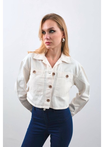 Kadın Ekru Crop Kesim Jean Ceket