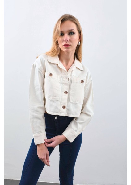 Kadın Ekru Crop Kesim Jean Ceket modelleri