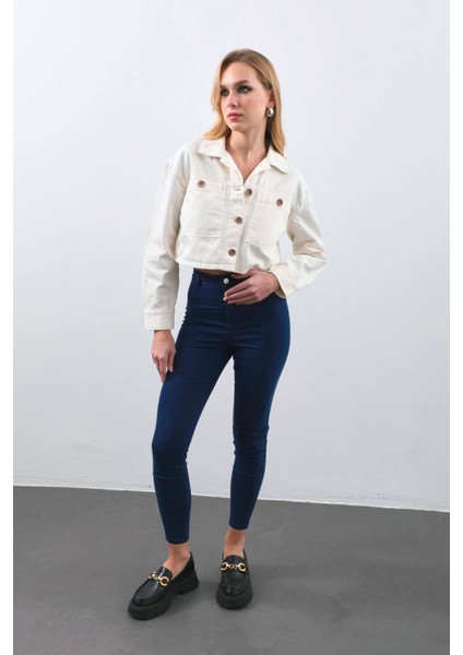 Kadın Ekru Crop Kesim Jean Ceket fırsatları