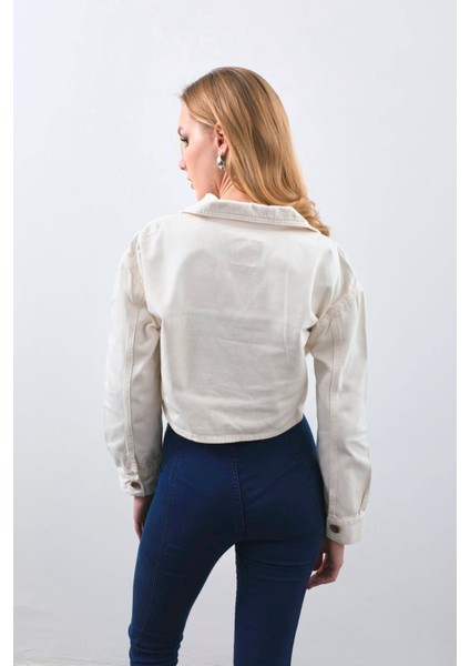 Kadın Ekru Crop Kesim Jean Ceket indirimleri