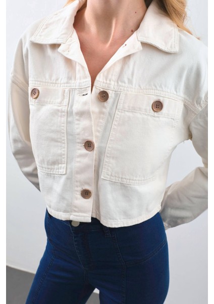 Kadın Ekru Crop Kesim Jean Ceket