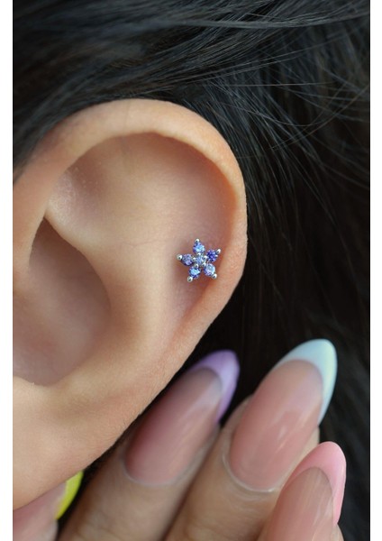 Mor Çiçekli Helix Piercing Kıkırdak Lob