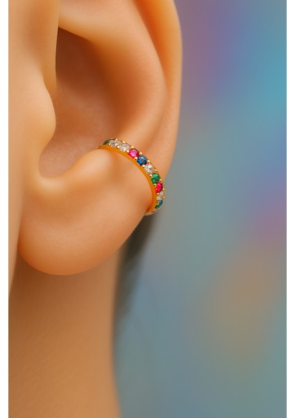 Multicolor Çok Renkli İnce Taşlı Earcuff Sıkıştırmalı Kıkırdak Küpesi