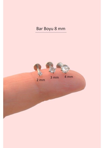 Tektaşlı 3'lü Set Çelik Piercing Tragus Helix Kıkırdak Lob Burun 8 mm Gümüş Renk