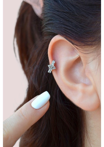 Gümüş Renk Zirkon Taşlı Küçük Göz Halka Helix Piercing Kıkırdak Lob Küpesi Tek Adet