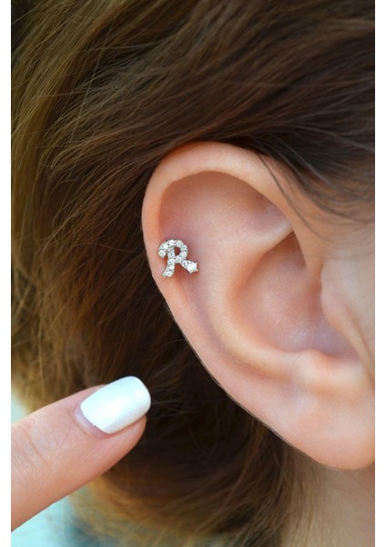 R Harfi Piercing Gümüş Renkli Harf Piercing R