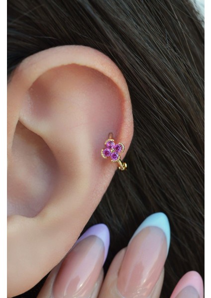 Sacce Scarves&Accessories Gold Halka Fuşya Pembesi Mini Çiçekli Tragus Piercing Helix Kıkırdak Lob