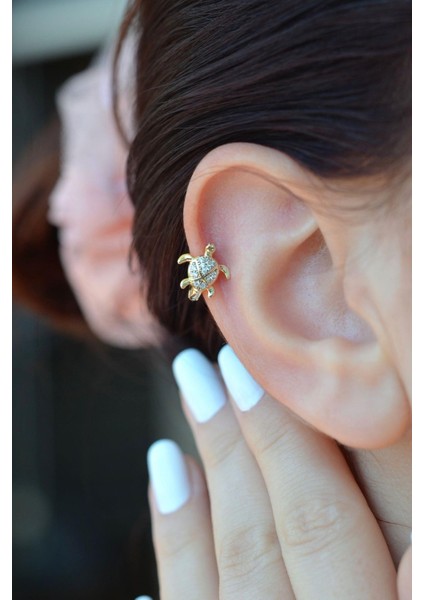 Zirkon Taşlı Kaplumbağa Helix Piercing Karetta Kıkırdak Lob Küpesi Tek Adet