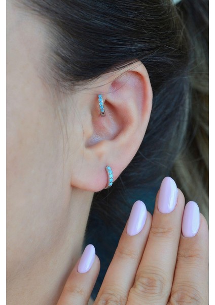 Gümüş Renkli 8 mm Firuze Taşlı Helix Piercing Tragus Kıkırdak Lob modelleri
