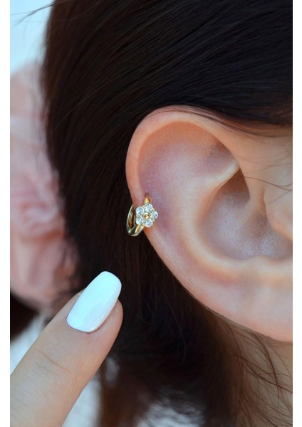 Zirkon Taşlı Çiçek Helix Piercing Tragus Çiçekli Kıkırdak Lob Küpesi Tek Adet