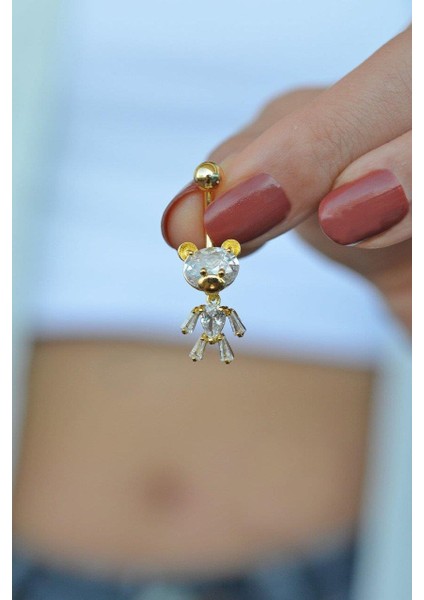 Altın Renkli Ayıcık Model Taşlı Çelik Göbek Piercing