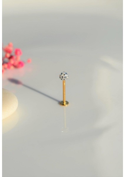 Taşlı Top Uçlu Çelik Piercing Dudak Dil 12 mm Gold
