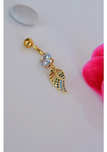 Multicolor Çok Renkli Melek Kanadı Sallantılı Çelik Göbek Piercingi Gold Renk