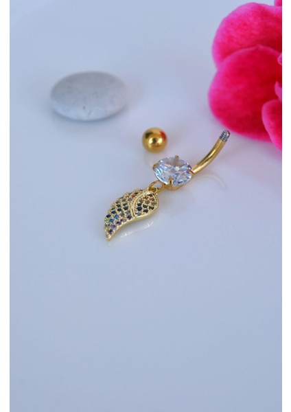 Multicolor Çok Renkli Melek Kanadı Sallantılı Çelik Göbek Piercingi Gold Renk