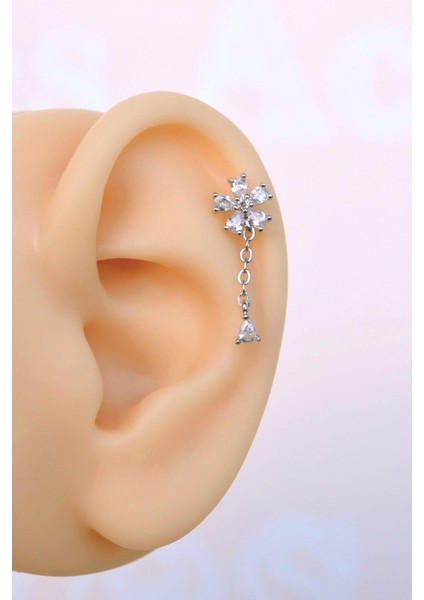 Zincir Sallantılı Çiçek Piercing Helix Kıkırdak Lob Gümüş Renk