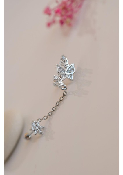 Gümüş Renk Zincirli Kelebek Çiçek İkili Piercing Helix Kıkırdak modelleri