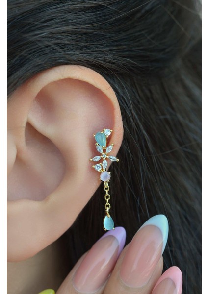 Sacce Scarves&Accessories Gold Çelik Su Yeşili Taş Sallantılı Helix Piercing Kıkırdak Lob