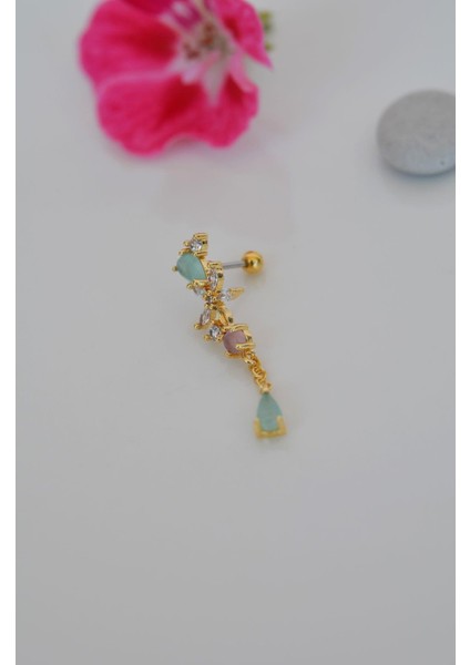 Sacce Scarves&Accessories Gold Çelik Su Yeşili Taş Sallantılı Helix Piercing Kıkırdak Lob