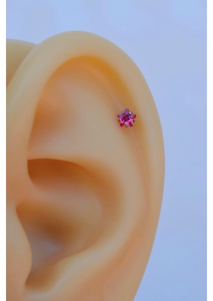 Silver Çelik Fuşya Pembesi Tektaş Yıldız Tragus Piercingi Helix Kıkırdak Lob