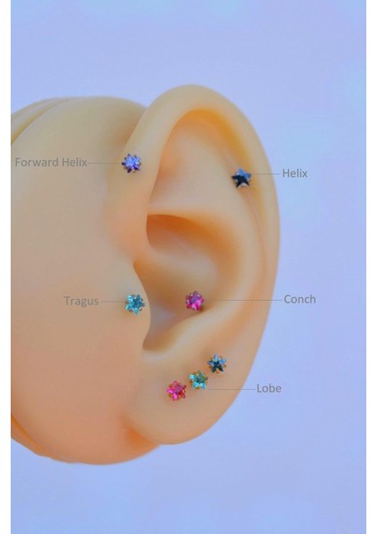 Silver Çelik Fuşya Pembesi Tektaş Yıldız Tragus Piercingi Helix Kıkırdak Lob modelleri