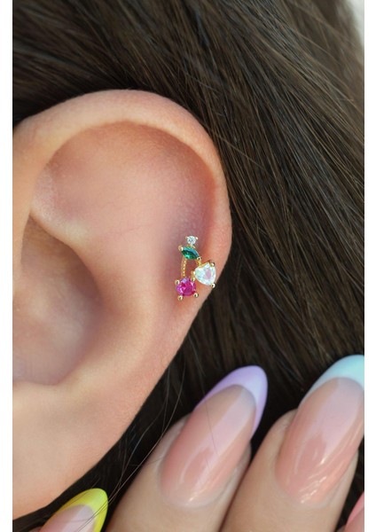 Gold Arkası Düz Çelik Kiraz Tragus Piercing Helix Lob Kıkırdak