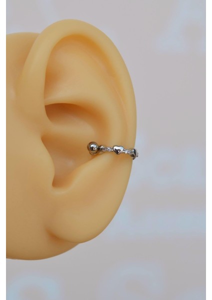 Gümüş Renk Mini Kalpli Helix Piercing Kalpli Taşlı Conch Piercingi