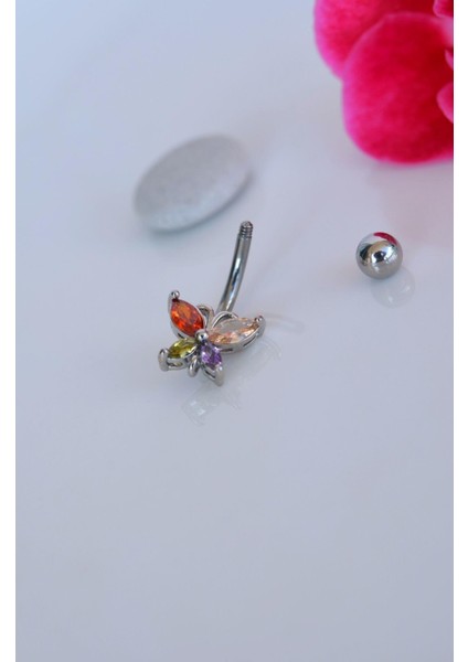 Multicolor Çok Renkli Kelebekli Çelik Göbek Piercingi Gümüş Renk modelleri